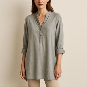Elemente Clemente Gray Linen Long Sleeve Button Down Tunic